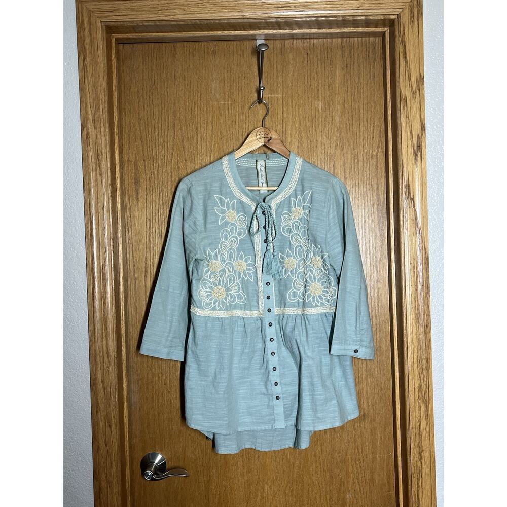 Aratta Silent Journey Embroidered Beaded Tunic Top Small Button Front Tassels